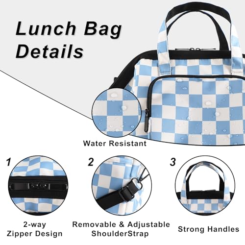 U+U Reusable Lunch Bag for Women Men Leakproof Lunch Tote Bag with Adjustable Strap, Holds Lunch Box, Snacks, Fruits for Work, Picnic or Travel - Insulated, Large Capacity, Waterproof (Blue Checkered) - Image 5