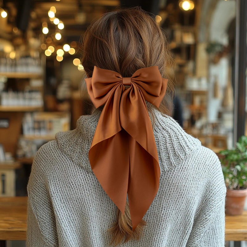 hisial 6Pcs Large Bows Hair Clips for Women Girls Long Tail Hair Ribbon Silky Satin Barrettes Coquette Bows Accessories (Black/khaki/Brown/White) - Image 5