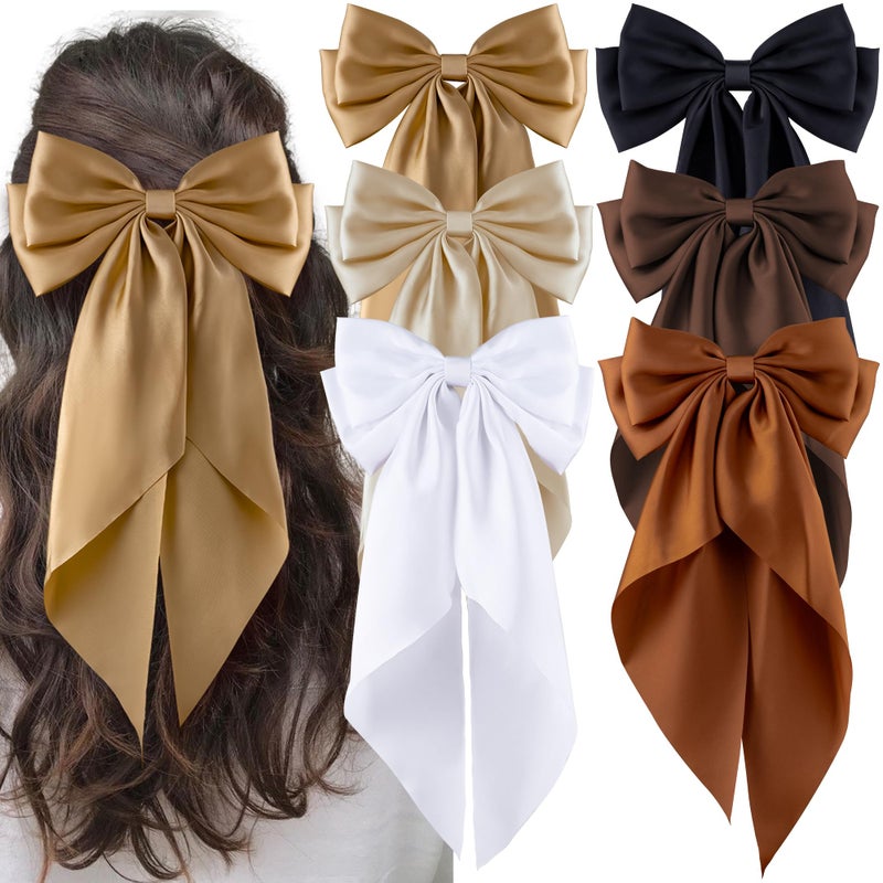 hisial 6Pcs Large Bows Hair Clips for Women Girls Long Tail Hair Ribbon Silky Satin Barrettes Coquette Bows Accessories (Black/khaki/Brown/White) - Image 1