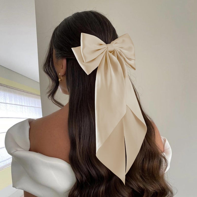 hisial 6Pcs Large Bows Hair Clips for Women Girls Long Tail Hair Ribbon Silky Satin Barrettes Coquette Bows Accessories (Black/khaki/Brown/White) - Image 3