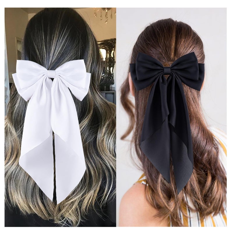 hisial 6Pcs Large Bows Hair Clips for Women Girls Long Tail Hair Ribbon Silky Satin Barrettes Coquette Bows Accessories (Black/khaki/Brown/White) - Image 4