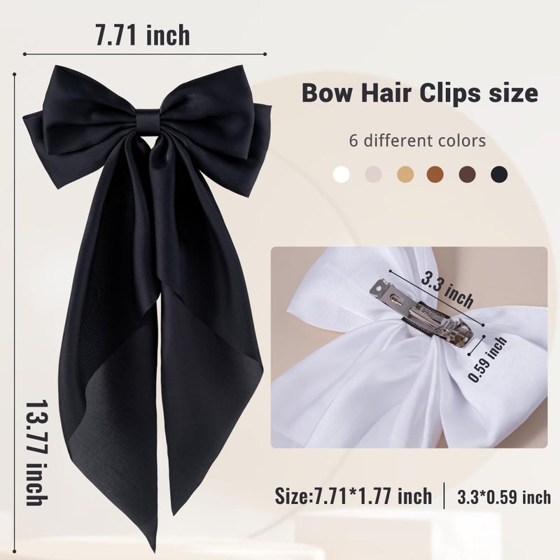hisial 6Pcs Large Bows Hair Clips for Women Girls Long Tail Hair Ribbon Silky Satin Barrettes Coquette Bows Accessories (Black/khaki/Brown/White) - Image 2