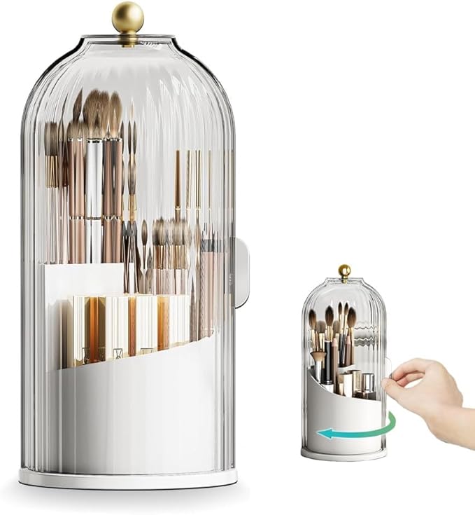 Primst Makeup Brush Holder Case 360 Rotating Cosmetic Organizer with Dustproof Lid Spinning Cosmetics Holders Storage Organizer for Vanity and Bathroom White