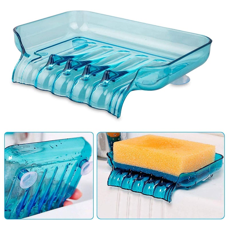 CONNECTWIDE CONNECTWIDE Waterfall Soap Holder Tray Drain Draining Bath Shower Soap Box Sink Sponge Drainage Soap Dish Holder Shelf Organizer Container with 2 Suckers Aerial Hollow Design Blue  - Image 2