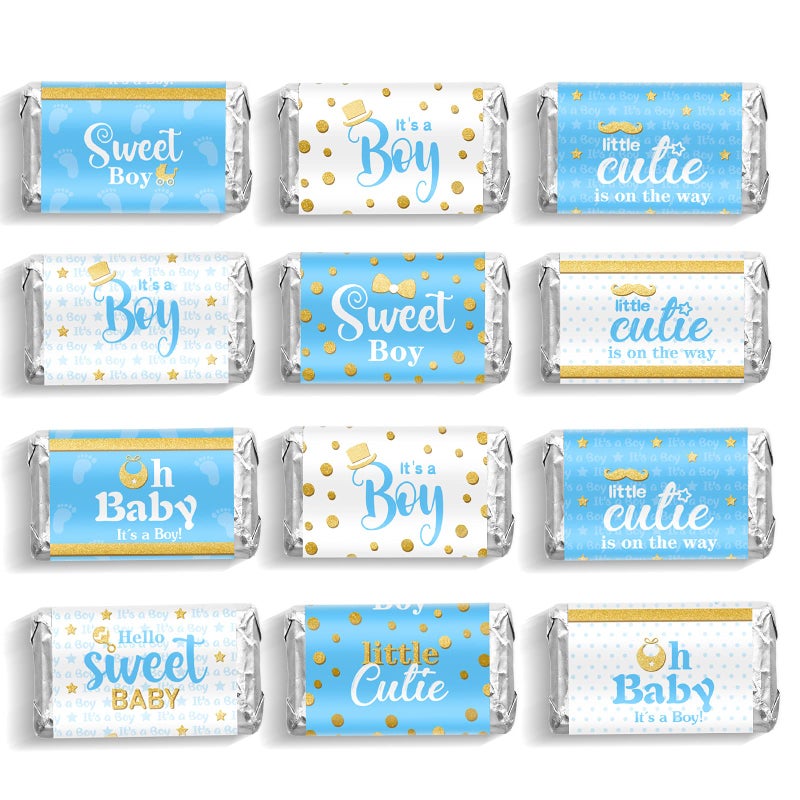Clabby Baby Shower Candy Wrappers Shower Mini Candys Bar Miniatures Wrappers Chocolate Bar Label Stickers for Boys Girls Kids Babys Showers Decor No Candy Blue