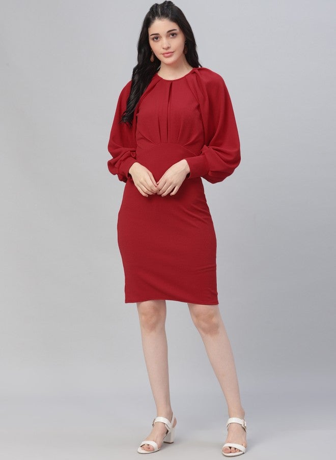 Athena Cherry Red Pleated Sheath Dress for Women - Image 1