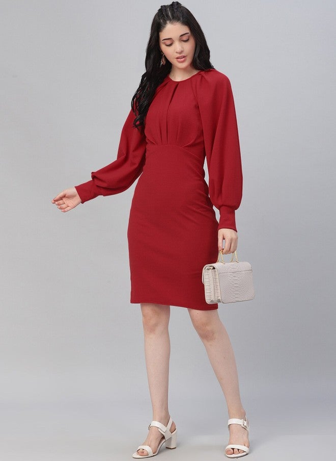 Athena Cherry Red Pleated Sheath Dress for Women - Image 3