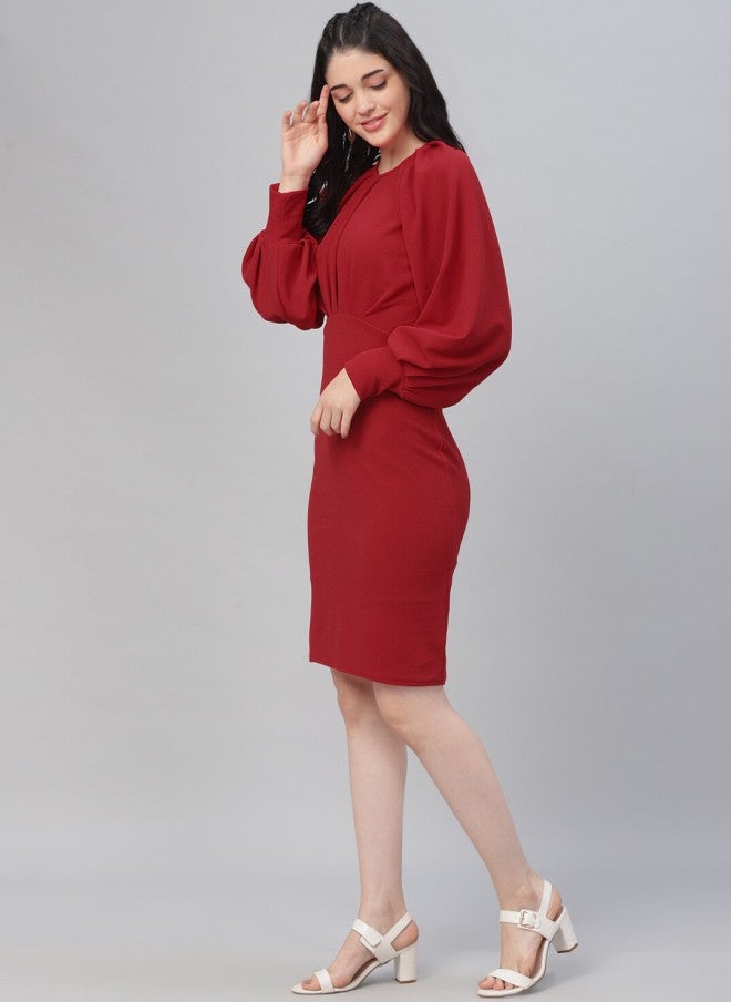 Athena Cherry Red Pleated Sheath Dress for Women - Image 4