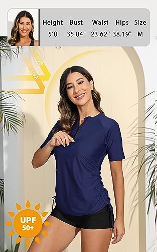 Halcurt Women's Half Zip Short Sleeve Rash Guard Swimsuit Top Ruched Swim Shirt UPF50+ Quick Dry Bathing Suit Navy 2XL - Image 3