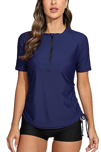 Halcurt Women's Half Zip Short Sleeve Rash Guard Swimsuit Top Ruched Swim Shirt UPF50+ Quick Dry Bathing Suit Navy 2XL - Image 1