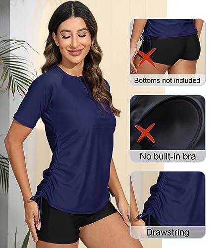 Halcurt Women's Half Zip Short Sleeve Rash Guard Swimsuit Top Ruched Swim Shirt UPF50+ Quick Dry Bathing Suit Navy 2XL - Image 4