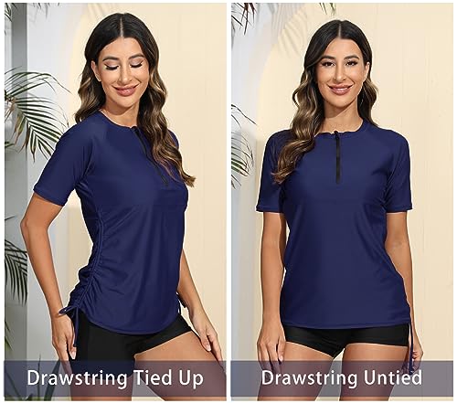 Halcurt Women's Half Zip Short Sleeve Rash Guard Swimsuit Top Ruched Swim Shirt UPF50+ Quick Dry Bathing Suit Navy 2XL - Image 2