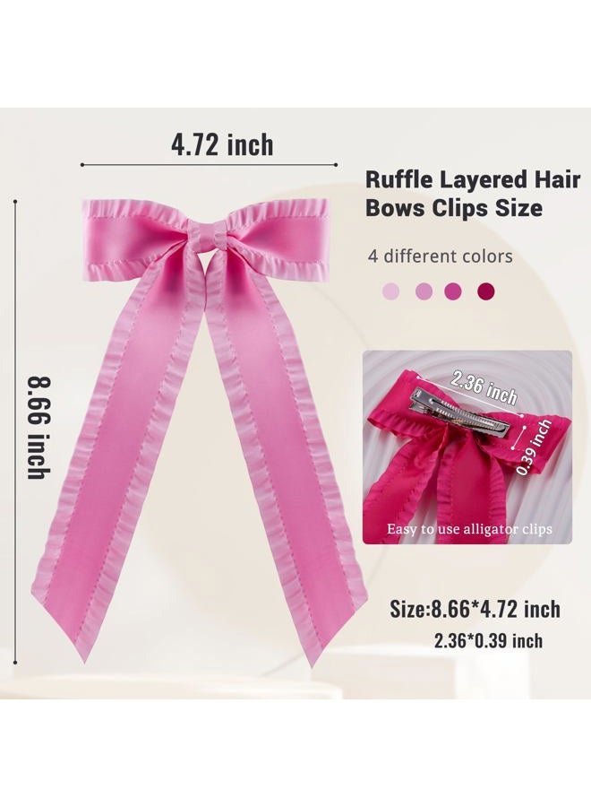 hisial 4PCS Ruffle Layered Hair Bows Alligator Clips Big Bowknot Barrettes Long Tail Tassel Hair Accessories for Women Girls Thick & Thin Hair Decoration(Pink/Hot Pink/Light Pink/Rose Red) - Image 2