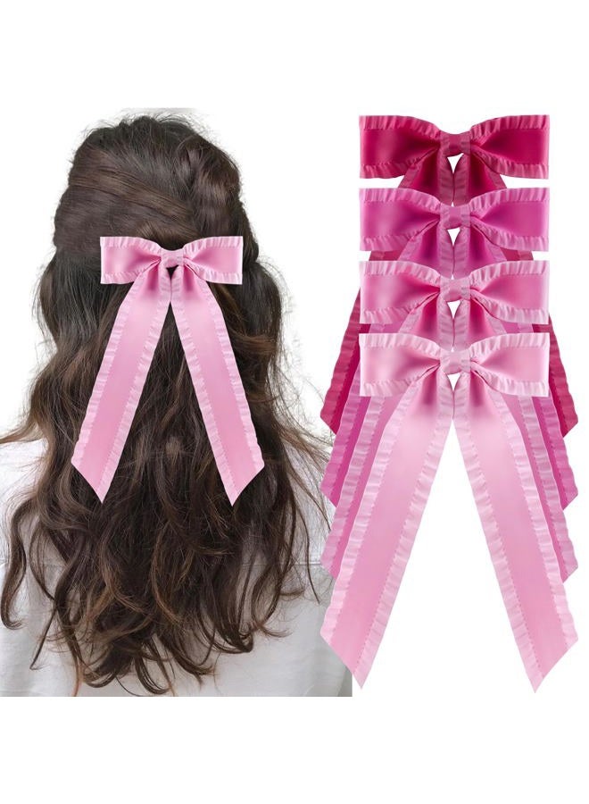 hisial 4PCS Ruffle Layered Hair Bows Alligator Clips Big Bowknot Barrettes Long Tail Tassel Hair Accessories for Women Girls Thick & Thin Hair Decoration(Pink/Hot Pink/Light Pink/Rose Red) - Image 1