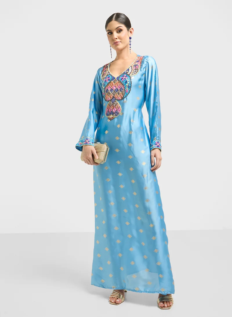 ARABIAN CLOSET Embellished Belted Jalabiya