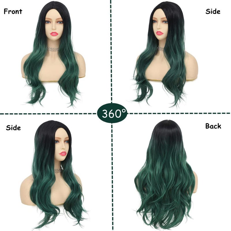 Tseses Green Wig Long Wavy Curly Wigs for Women Ombre Dark Green Synthetic Hair Wigs Dark Roots Hair Women Wig Cosplay Halloween Party Daily Use - Image 2