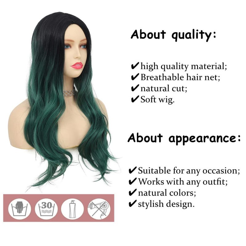 Tseses Green Wig Long Wavy Curly Wigs for Women Ombre Dark Green Synthetic Hair Wigs Dark Roots Hair Women Wig Cosplay Halloween Party Daily Use - Image 3