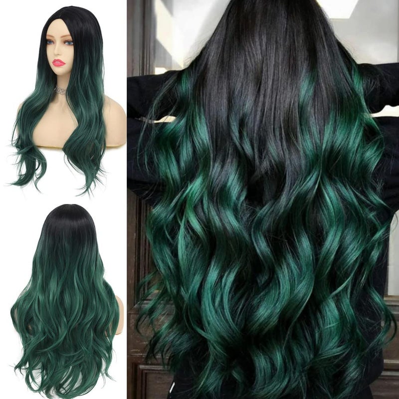 Tseses Green Wig Long Wavy Curly Wigs for Women Ombre Dark Green Synthetic Hair Wigs Dark Roots Hair Women Wig Cosplay Halloween Party Daily Use - Image 1