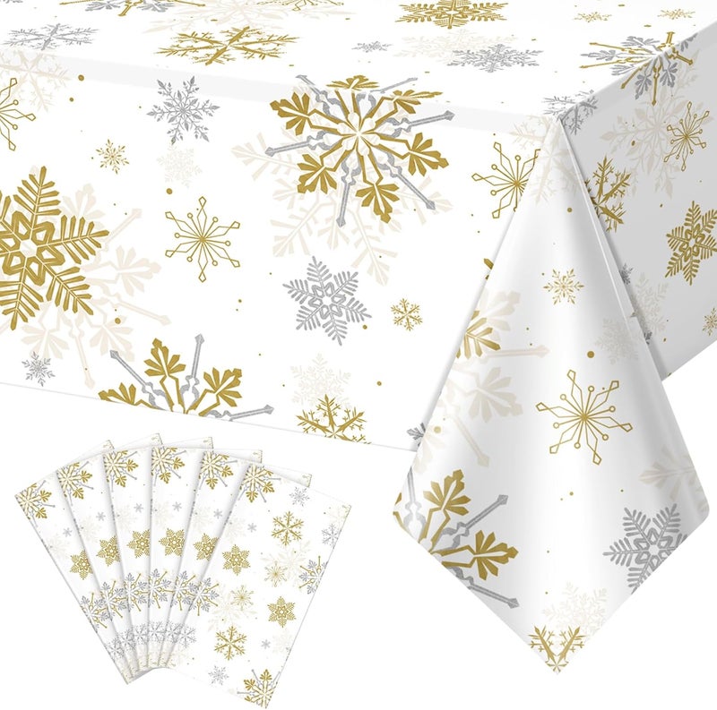 Jectivs 6Pcs Christmas Snowflake Party Tablecloths DecorationsPlastic White and Gold Table ClothWinter Rectangle Table Cover for Christmas New Year Birthday Baby Shower Holiday Party Decorations54x108 inch - Image 1