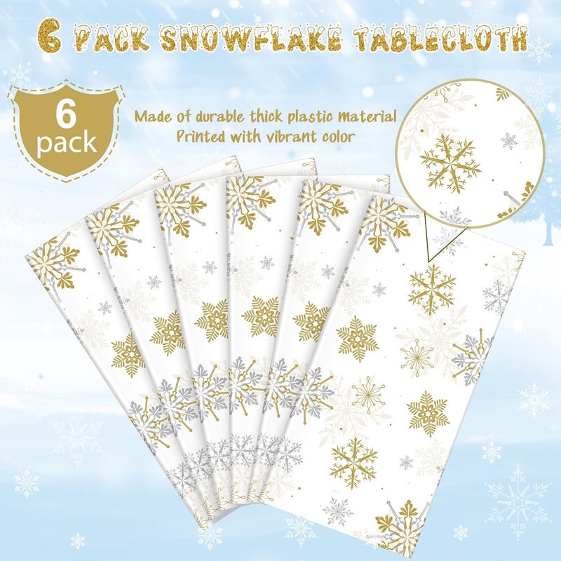 Jectivs 6Pcs Christmas Snowflake Party Tablecloths DecorationsPlastic White and Gold Table ClothWinter Rectangle Table Cover for Christmas New Year Birthday Baby Shower Holiday Party Decorations54x108 inch - Image 4
