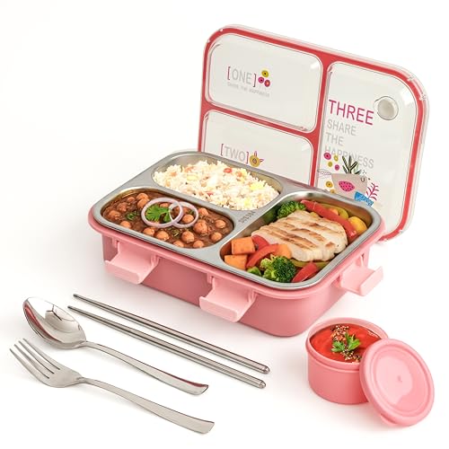 Brand Conquer Lunch Box Leak-Proof BPA Free Stainless Steel for School, Lunch Box for School & Office with a Fork, a Spoon and a Pair of Chopsticks (Pink, Happiness 3 Compartment Lunch Box) - Image 1