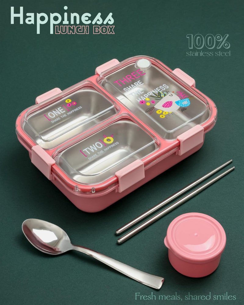 Brand Conquer Lunch Box Leak-Proof BPA Free Stainless Steel for School, Lunch Box for School & Office with a Fork, a Spoon and a Pair of Chopsticks (Pink, Happiness 3 Compartment Lunch Box) - Image 2