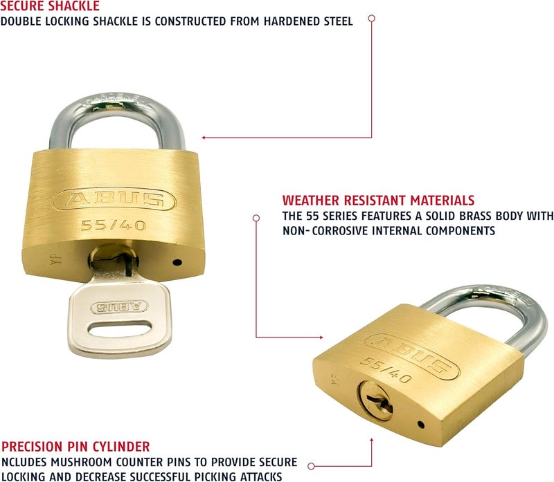 Abus 55/40 Solid Brass Padlock with 2 Keys for School, Gym, Cabinet 1 1/2in (40mm) Wide, Keyed Different - Image 3