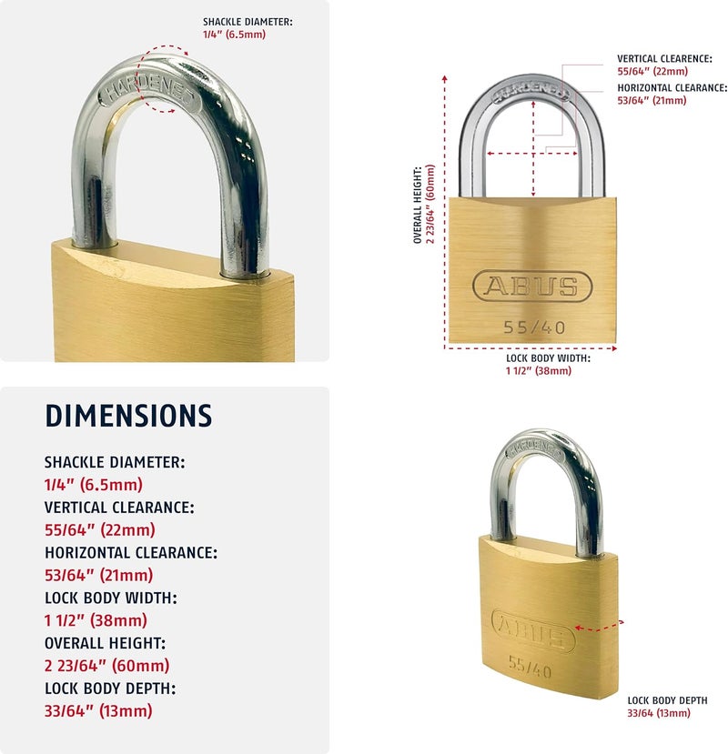 Abus 55/40 Solid Brass Padlock with 2 Keys for School, Gym, Cabinet 1 1/2in (40mm) Wide, Keyed Different - Image 2