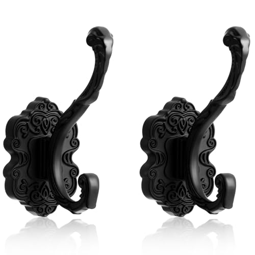 Zonon Vintage Coat Hooks Antique Wall Hooks Towel Hook for Hanging Purse Hat Keys Clothes Curtain Unique Heavy Duty Bathroom Hook for Wall(2 Pcs,Black) - Image 1