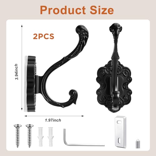 Zonon Vintage Coat Hooks Antique Wall Hooks Towel Hook for Hanging Purse Hat Keys Clothes Curtain Unique Heavy Duty Bathroom Hook for Wall(2 Pcs,Black) - Image 2