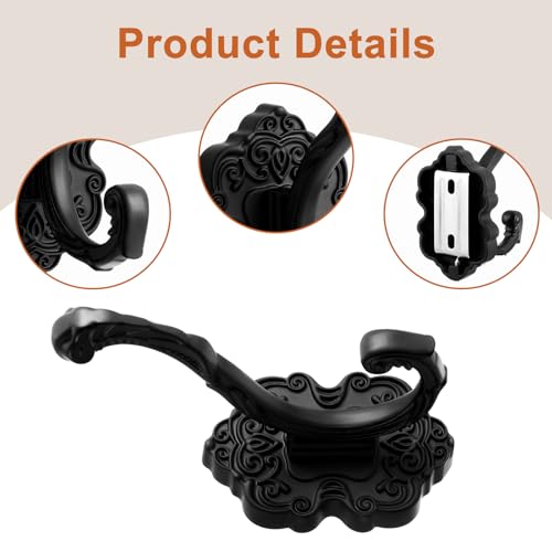 Zonon Vintage Coat Hooks Antique Wall Hooks Towel Hook for Hanging Purse Hat Keys Clothes Curtain Unique Heavy Duty Bathroom Hook for Wall(2 Pcs,Black) - Image 3