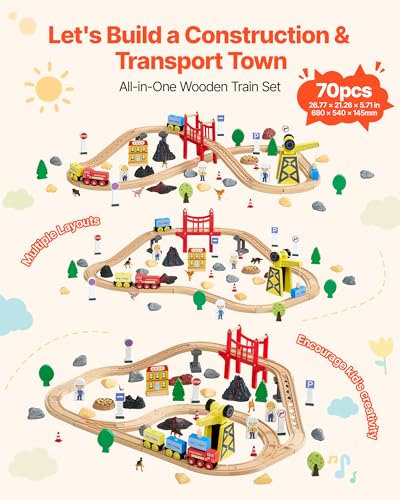 VEVOR 70PCS Wooden Train Set with Magnetic Crane Wood Train Track Toy for Kids Ages 38 Construction Crane Railway Set Compatible with Major Brands Christmas Birthday Toy for Toddlers Boys Girls - Image 5