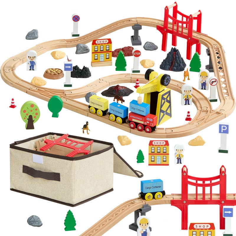 VEVOR 70PCS Wooden Train Set with Magnetic Crane Wood Train Track Toy for Kids Ages 38 Construction Crane Railway Set Compatible with Major Brands Christmas Birthday Toy for Toddlers Boys Girls - Image 3
