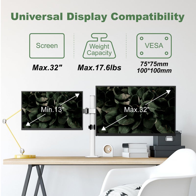 UPGRAVITY Dual Monitor Mount Stand for Two 17"-32" Flat/Curved Computer Screens, Fully Adjustable Dual Monitor Arms Hold up to 17.6lbs, VESA 75x75/100x100mm, C-Clamp/Grommet Base, White - Image 2