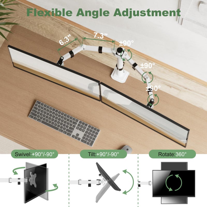 UPGRAVITY Dual Monitor Mount Stand for Two 17"-32" Flat/Curved Computer Screens, Fully Adjustable Dual Monitor Arms Hold up to 17.6lbs, VESA 75x75/100x100mm, C-Clamp/Grommet Base, White - Image 5