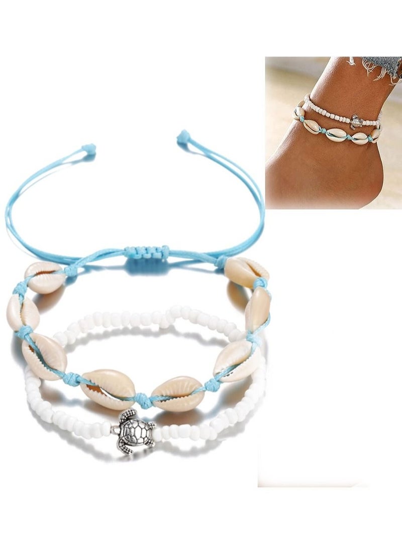 Captaintech 2 Turtle Layered Shell Anklet Set Silver Ankle Bracelets Beaded Foot Chain Beach Foot Jewelry Accessories for Women and Teen Girls - Image 1