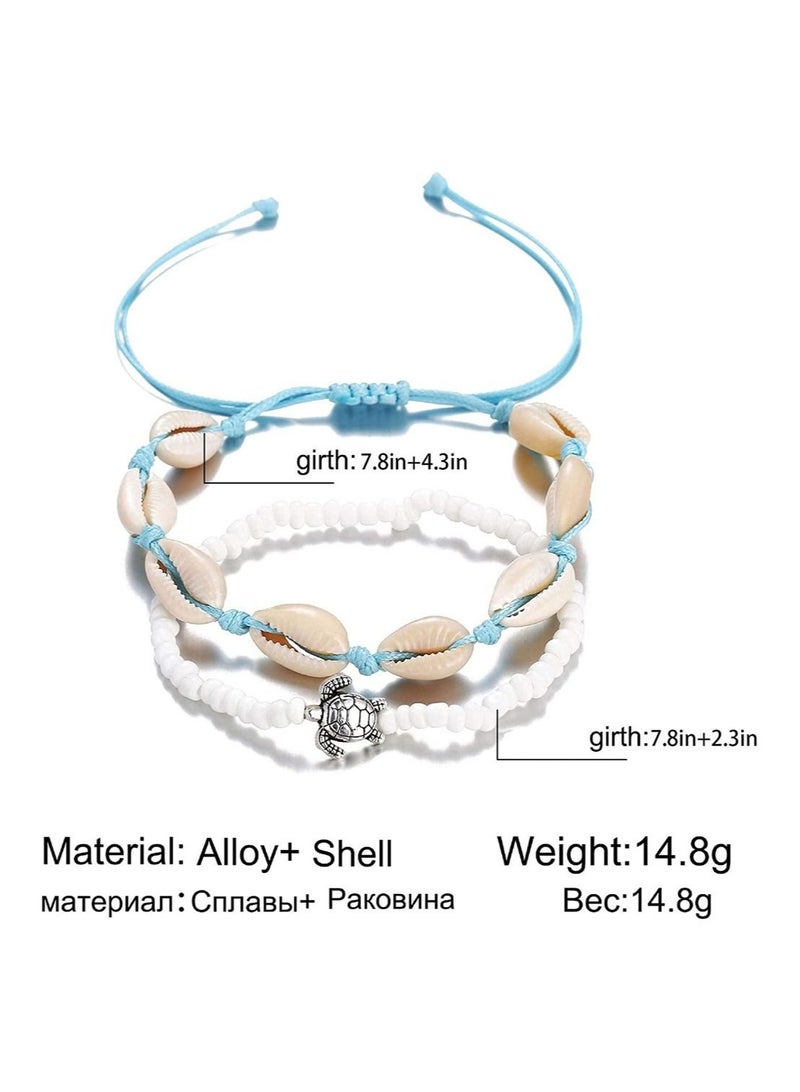 Captaintech 2 Turtle Layered Shell Anklet Set Silver Ankle Bracelets Beaded Foot Chain Beach Foot Jewelry Accessories for Women and Teen Girls - Image 2