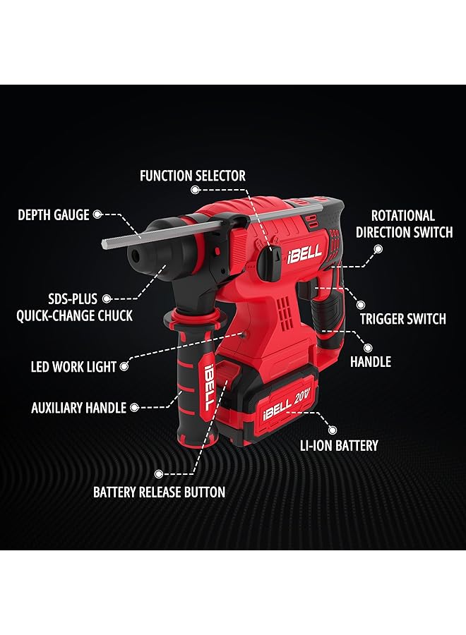 آي بيل مثقاب مطرقة دوارة بدون فرشاة Bh22 47، 20 فولت تيار مستمر، بطارية Sds Plus، 0-1400 دورة في الدقيقة، 2.2 جول، طاقة تأثير، 4 أوضاع للخرسانة والخشب والصلب، يتضمن بطارية 4 أمبير وشاحن في صندوق BMC - Image 3