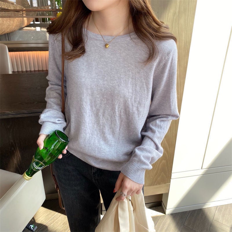 Solid Color All-Match Base Shirt Women'S Style Outer Wearing Round Neck Sweater Stynew Inner Wearing Long Sleeve Knitted Top - Image 1