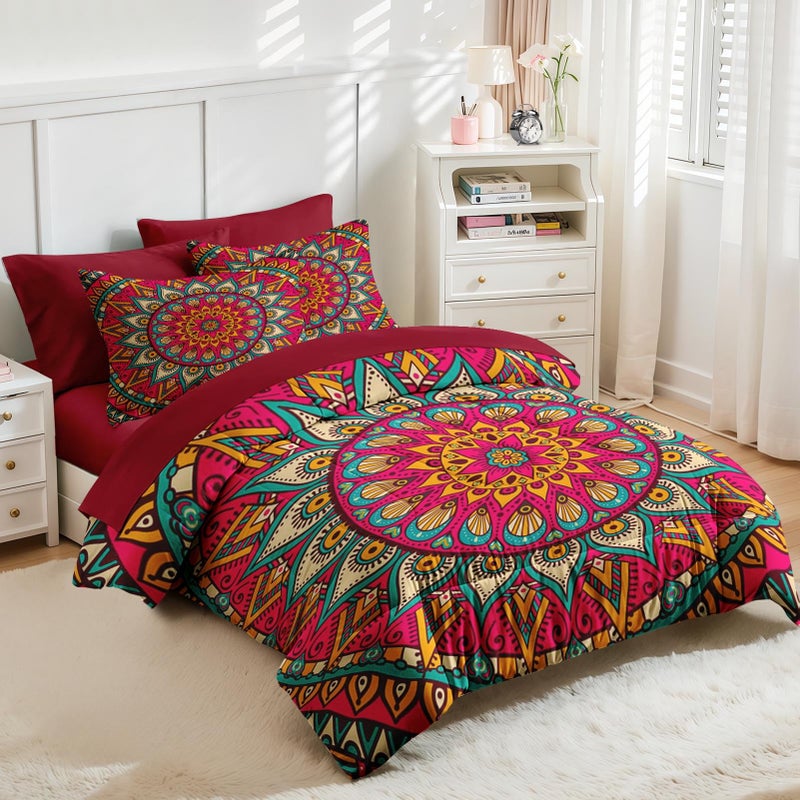 Nesker 7 Pcs Comforter Set King Size, Mandala Vintage Tribal Bedding Set for Kids and Adults, Retro Bohemian Flower Bed Sheet Sets with Fitted Sheet 2 Pillowcases & 2 Shams - Image 4