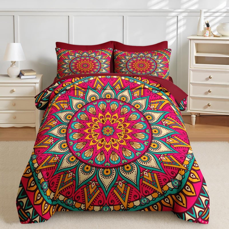Nesker 7 Pcs Comforter Set King Size, Mandala Vintage Tribal Bedding Set for Kids and Adults, Retro Bohemian Flower Bed Sheet Sets with Fitted Sheet 2 Pillowcases & 2 Shams - Image 3