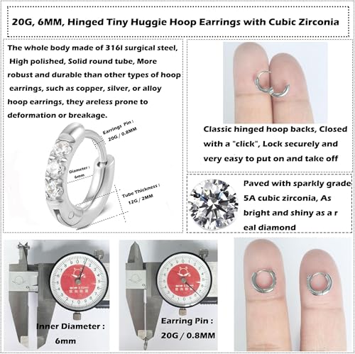 showself 6MM Mini Hoop Earring Silver - Tragus Helix Rook Cartilage Micro Ear Hoops Earring - Cubic Zirconia CZ Tiny Huggie Hoop Earrings for Women Men 20G - Image 3