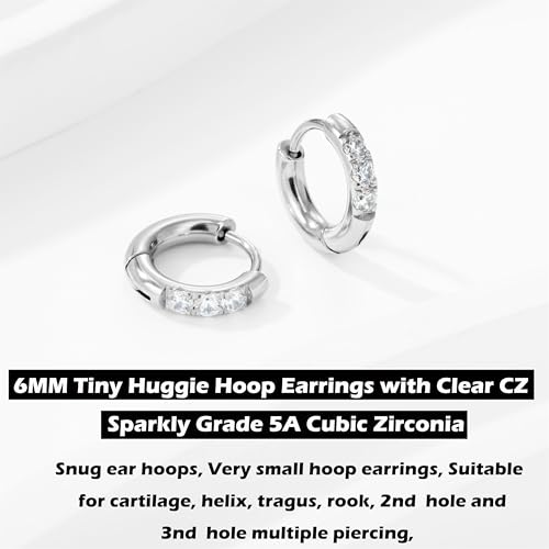 showself 6MM Mini Hoop Earring Silver - Tragus Helix Rook Cartilage Micro Ear Hoops Earring - Cubic Zirconia CZ Tiny Huggie Hoop Earrings for Women Men 20G - Image 2