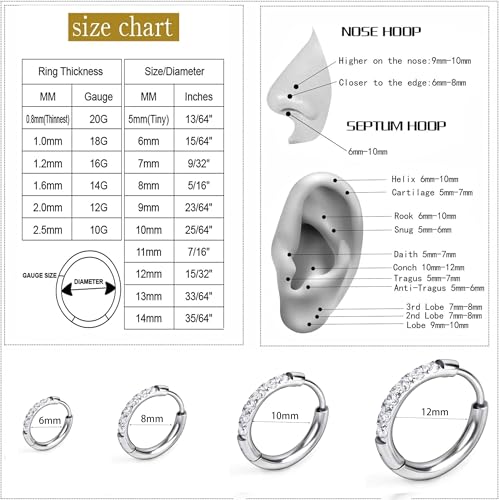 showself 6MM Mini Hoop Earring Silver - Tragus Helix Rook Cartilage Micro Ear Hoops Earring - Cubic Zirconia CZ Tiny Huggie Hoop Earrings for Women Men 20G - Image 5