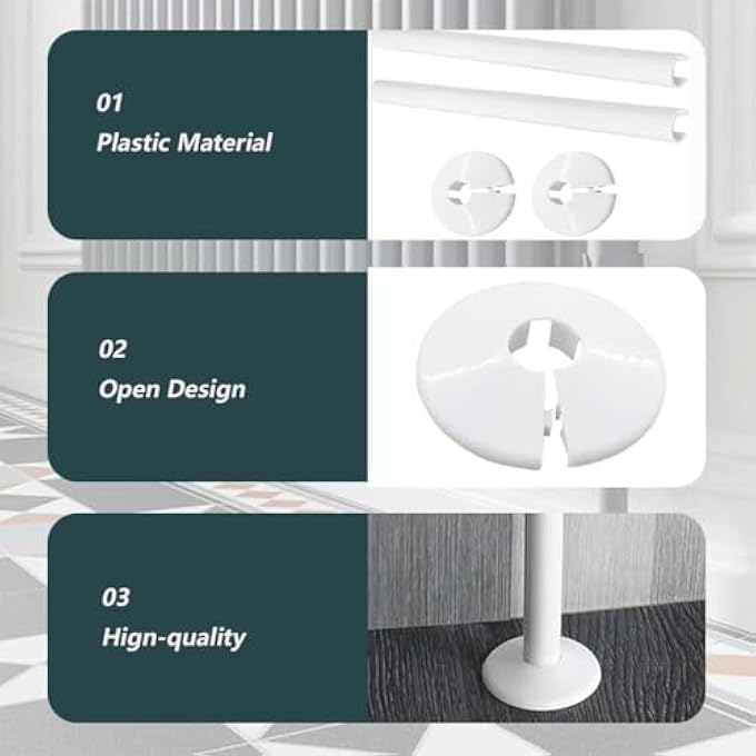 2 SET RADIATOR PIPE COVERS AND COLLARS, 15MM X 200MM PIPE COVERS, PLASTIC SLEEVE COVERS FOR HOME AND OFFICE HEATING SYSTEMS (WHITE) - Image 3