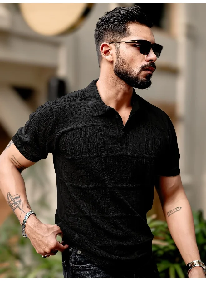 مانياك تيشيرت بولو قطن مانياك رجالي نصف كم أسود بنقطة شبكية مسطحة