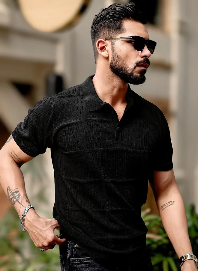 Maniac  Maniac Mens half sleeve black pointnet flat knit cotton polo t-shirt for Men | Best Price UAE