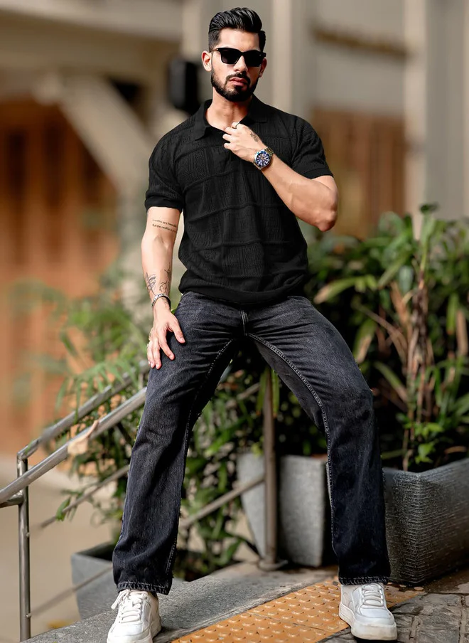 Maniac  Maniac Mens half sleeve black pointnet flat knit cotton polo t-shirt for Men | Best Price UAE