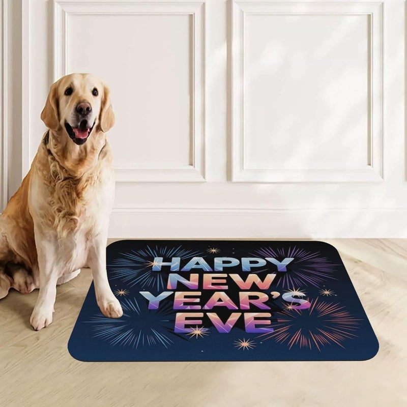 Pet Feeding Mat Happy New Year Eve Greeting Fireworks Absorbent Pet Placemat for Food Water Bowl with Waterproof Rubber Backing 24x16In Quick Dry Water Dispenser Mat for Dog Cat - Image 1