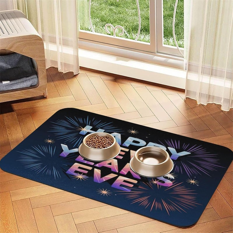 Pet Feeding Mat Happy New Year Eve Greeting Fireworks Absorbent Pet Placemat for Food Water Bowl with Waterproof Rubber Backing 24x16In Quick Dry Water Dispenser Mat for Dog Cat - Image 2